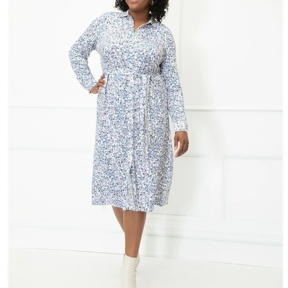 Eloquii Dresses & Skirts - Eloquii Women Floral Print Midi Shirt Dress Size 28 Preppy Tie Waist Long Sleeve